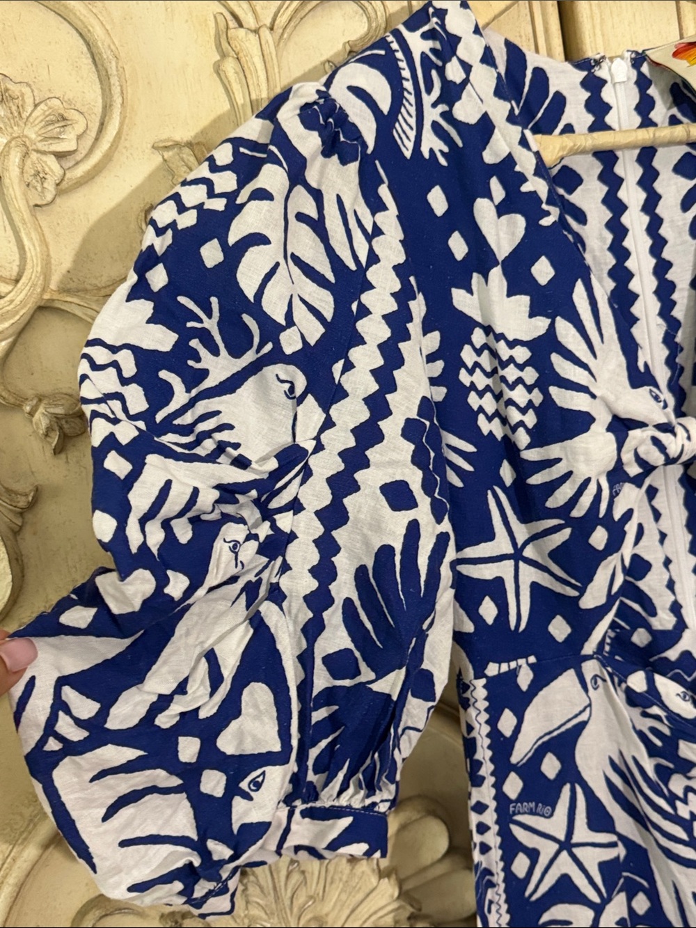 Farm Rio Jungle Scarf Puff Sleeve Cutout Linen Blend Dress In Navy Blue Size S - Picture 9 of 16